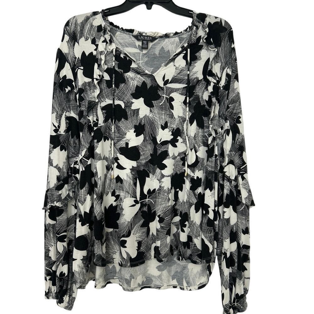Lauren Ralph Lauren Black White Floral Ruffle Boho Peasant Blouse XXL